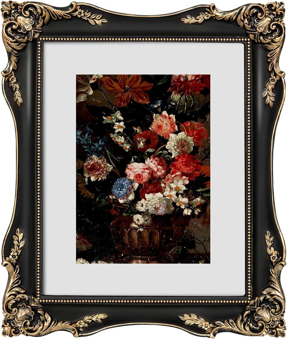 8x10 Black Vintage Picture Frame with Mat for 5x7 or 8 x 10 Photos, Ornate Baroque Gothic Victorian Frames, Tabletop or Wall Display, Antique Home Decor Accent