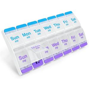 EZY DOSE Push Button (7-Day) Pill Case, Medicine Planner, Daily Vitamin Organizer, 2 Times a Day AM/PM, X-Large Compartments, Arthritis Friendly, Easy to use, Clear Lids, Purple and Blue, BPA Free