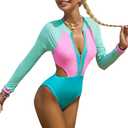 FYMNSI One Piece Bathing Suit Tummy Control Swimsuits Long Sleeve Zip Front Rash Guard Monokini Swimwear Surfing Swim Suit Medium, 