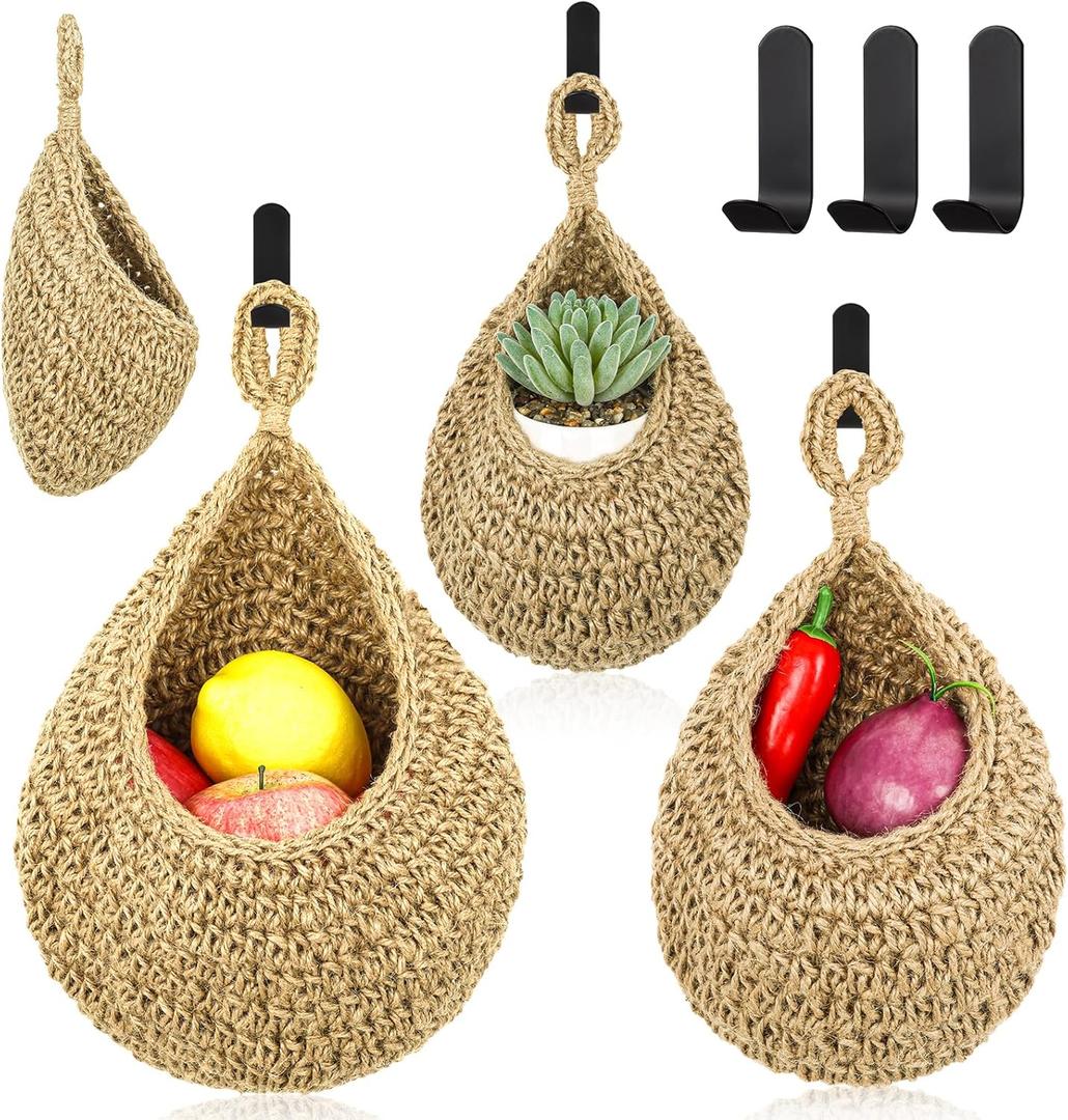 3 Packs Hanging Wall Basket Boho Wall Hanging Fruit Baskets for Kitchen, Woven Produce Holder Teardrop Onion Basket Vegetable Hanging Basket for Potato