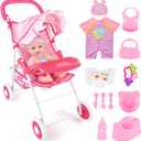 DeAO Baby Doll Stroller 12" Baby Doll Set with Foldable Stroller 15 PCS Accessories for Toddlers 3-5 Christmas Birthday Gifts