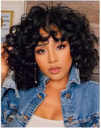Traqur Short Curly Wigs with Bangs for Black Women, Loose Wavy Afro Kinky Curly Wig, Soft Heat Resistant Synthetic Hair Natural Looking Wig for Daily Party Cosplay (Black)