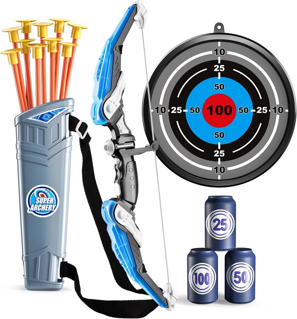 TEMI Bow and Arrow Set for Kids - Archery Toy Set - LED Light Up with Suction Cup Arrows, Target & Quiver, Indoor and Outdoor Toys for Children Boys Girls