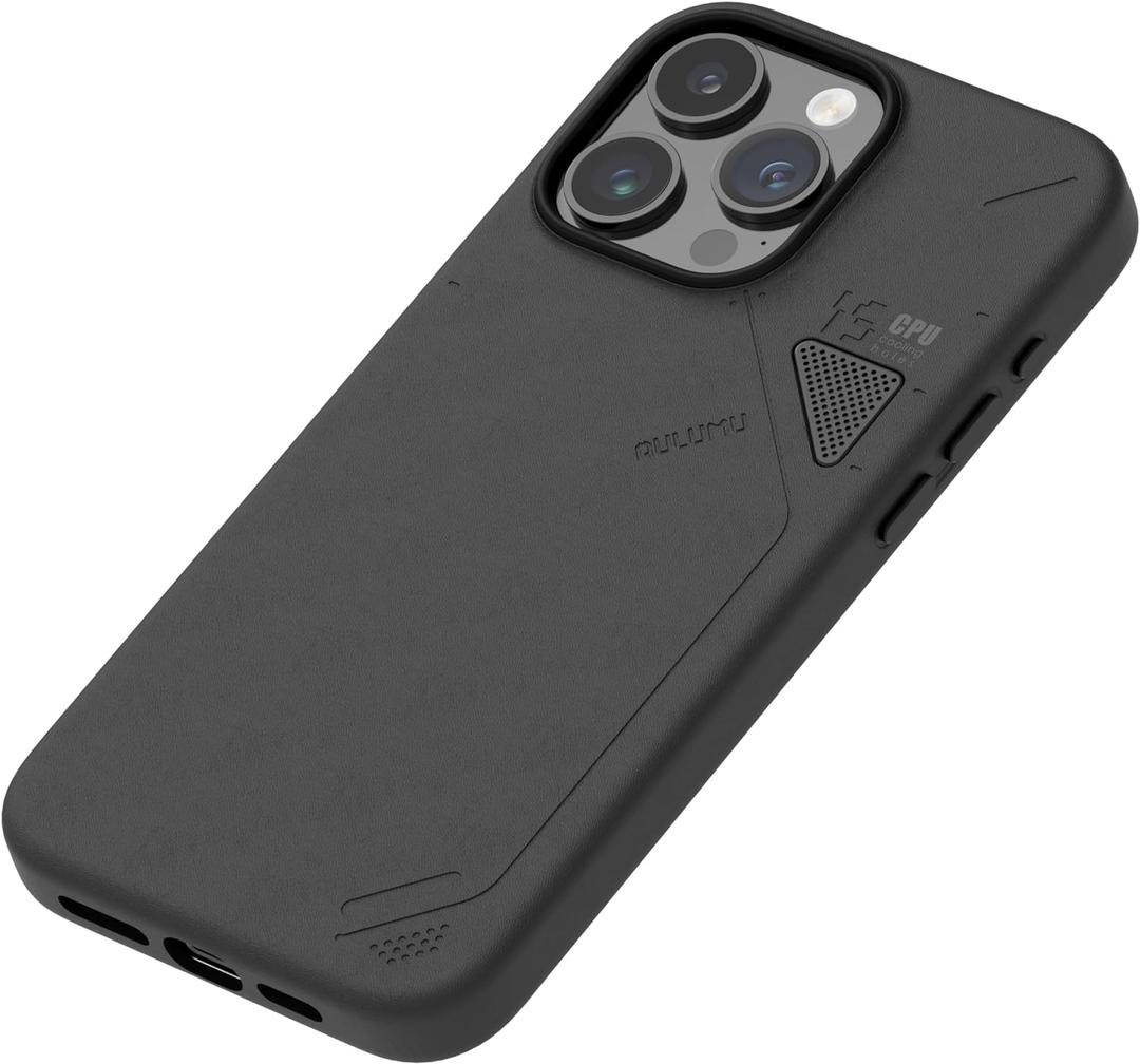 Aulumu A15 Vegan Leather for iPhone 15 Pro Max Magnetic Case [Unique Cooling Window] - Compatible with Magsafe [Metal Individual Buttons] - Black