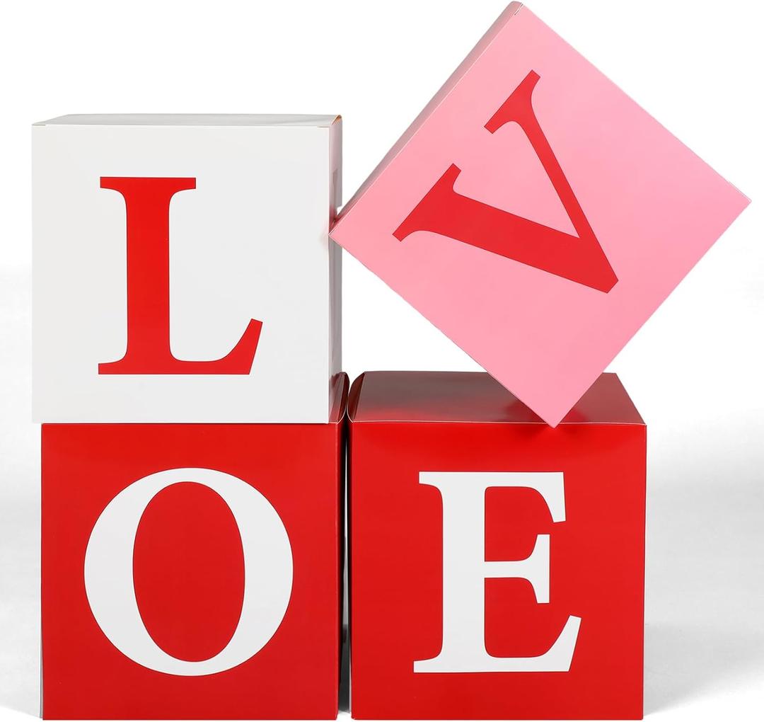 Gueevin 4 Pack Valentines Day Decor Paper Boxes 11.8 Inch Love Red Hot Pink Boxes with Letter Love Heart for Galentines Best Friend Princess Party Romantic Proposal Engagement Wedding Party Decoration