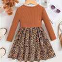 Girl's Floral Ribbed Knit A Line Dresses Long Sleeve Crew Neck Cute Short Dress Cowgirls Fall Outfits, Size: 10 Years