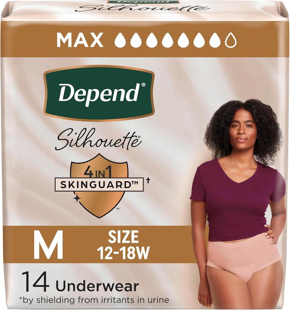 Depend Silhouette Adult Incontinence & Postpartum Bladder Leak Underwear for Women, Maximum Absorbency, Medium, Pink, 14 Count, Packaging May Vary
