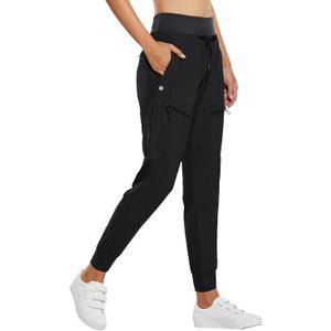 baleaf Women's Joggers Lightweight Hiking Pants High Waist 5 Zipper Pockets Quick Dry Travel Athletic UPF50+ (Black 28'' Inseam) S