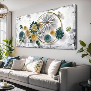 Abstract Wall Art For Living Room Large Size blue chrysanthemum Canvas Wall Art Abstract 24"x48"Wall Decor Abstract Art Paintings Fantasy Colorful on White Background Modern Artwork Decor for Bedroom Bathroom