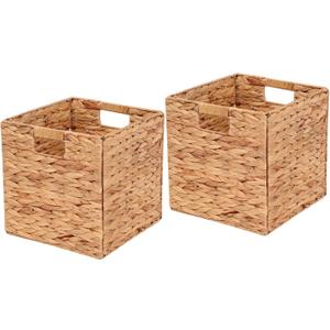 Water Hyacinth Storage Baskets 11x11x11 Inch Wicker Storage Cubes Set of 2Baskets,Handwoven Foldable Wicker Cubes with Sturdy Handles, Rustic Laundry Organizer for Bedroom Shelves, Kitchen, Bathroom
