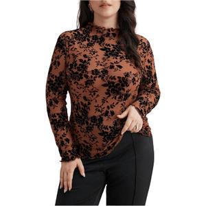 WDIRARA Women's Plus Size Floral Jacquard See Through Mesh Top Lace Mock Neck Long Sleeve Shirts (Brown, XL)
