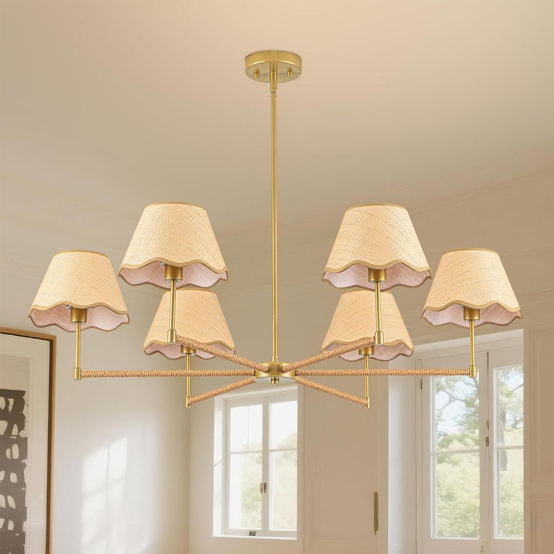 MAYNA 38 Farmhouse Chandelier Light Fixture, 6-Light Rattan Boho Chandeliers for Dining Room, Adjustable Pendant Lighting Fixtures, Rustic Hanging Lighting for Kitchen Island Living Room Bedroom