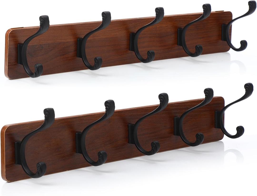 2PCS Coat Rack Wall Mount Coat Hooks Coat Hanger with 5 Hooks 2 Installation Over Door Hooks Wood Plank Hat Rack for Wall Hooks Hanging Coat Hat Jacketgt Mudroom Bathroom Entryway-Black
