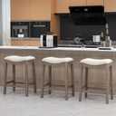 27" Backless Saddle Counter Stools Set of 2, Hand-brushed Wood Finish Legs