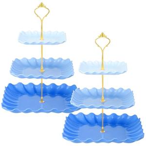 Lallisa 2 Pack Scalloped Cupcake Stand Dessert Plates Plastic Square Tiered Serving Stand Display Tower for Wedding, Birthday Party, Tea Party and Baby Shower(Blue Gradient)