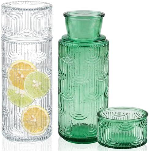 4 Pcs Bedside Water Carafe and Glass Set 21.6 OZ Glass Pitcher with 6 OZ Cup Drinking Cup as Lid for Nightstand, Kitchen Mouthwash Dispenser for Bathroom
