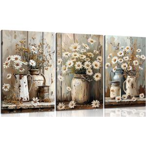 3Pcs Farmhouse Daisy Canvas Wall Art Vintage Rustic Flower Posters Paintings Floral Still Life Pictures Wall Decor Country Themed Daisy Prints for Living Room Bedroom Kitchen Home Framed, 24Lx16W" Canvas