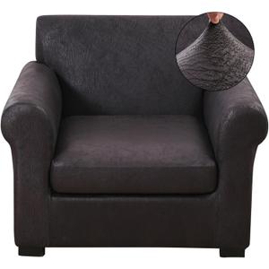 FUANGUI 2 Piece Chair Covers Stretch Arm Covers Chair Couch Covers, Faux Leather Looking Armchair Slipcover with Separate Chair Cushion Cover, Washable Chair Protector for Living Room - Black (Small)