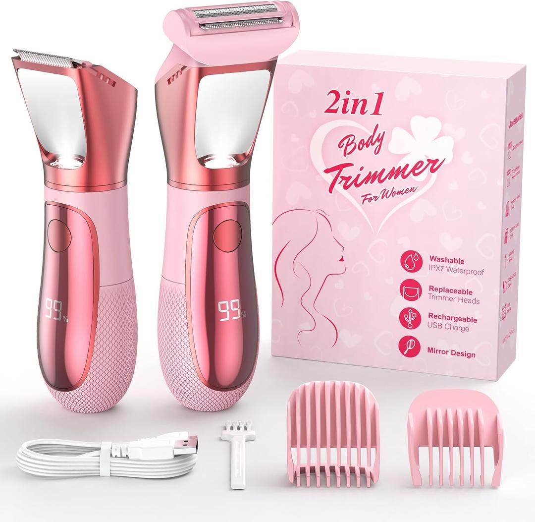 Bikini Trimmer for Women, 2 in 1 Electric Razors Shaver, IPX7 Waterproof Body Hair Trimmer with Mirror, LED Light & Display, Painless Pubic Hair Removal, Pink
