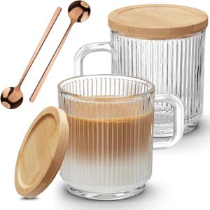Mfacoy 2 PACK Glass Coffee Mugs with Handle & Spoon, 12 OZ Glass Coffee Cups with Bamboo Lid, Ribbed Glass Cups, Clear Tea Cup for Hot/Cold Beverages, Glassware Set for Americano, Latte, Cappuccino