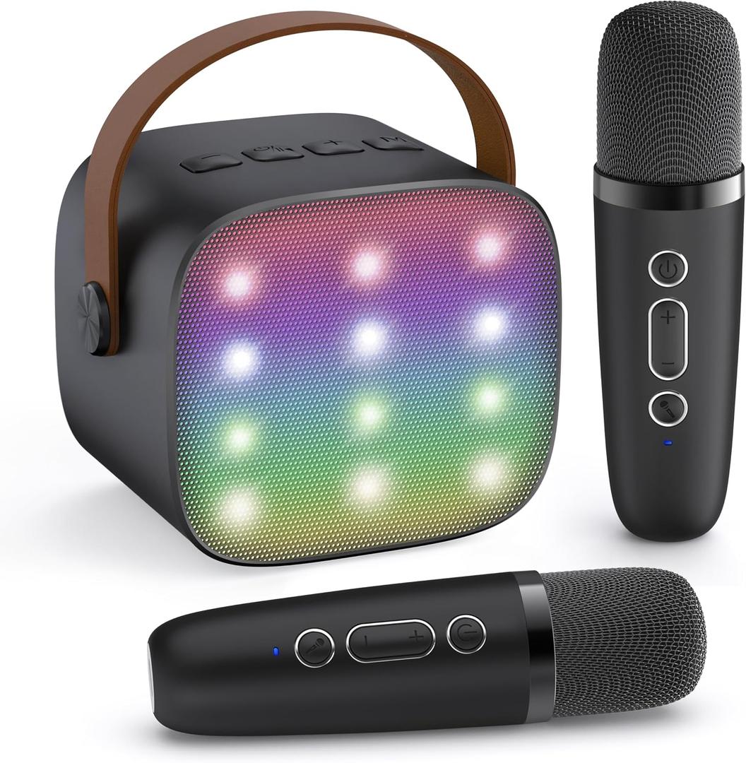 YLL Mini Karaoke Machine for Kids Adults, Birthday Easter Gifts for Boys 3, 4, 5, 6, 7, 8, 9+ Years Old, Portable Bluetooth Speaker with 2 Rechargeable Wireless Microphones Family Home Party (Black)