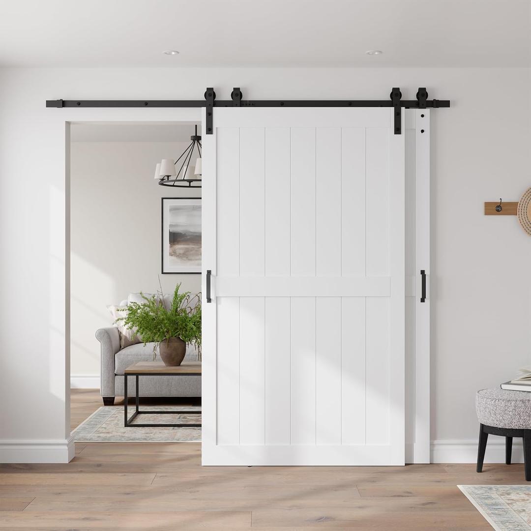 48" x 84" Bypass Barn Door, Sliding Barn Door with 8FT Track Hardware Kit Included, H Shape Solid Core MDF Barn Doors, Waterproof PVC Surface, Save Space, Easy to Install, White