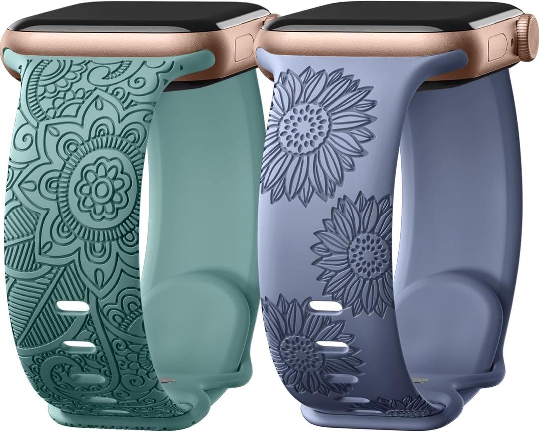 Odbeai Floral Engraved Band Compatible with Apple Watch Bands for Women 38mm 40mm 41mm 42mm 44mm 45mm 46mm 49mm,Soft Silicone Cute Sport Strap for iWatch Bands Women Series 11 10 9-1 SE Ultra1/2/3 (A-Pine Green+Blue Gray)
