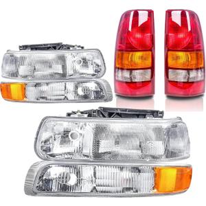 Headlight Taillights Compatible with 1999-2002 Chevy Silverado 1500 2500 Factory Style Head lights Rear Brake Lamp Halogen L+R for 1999 2000 2001 2002