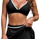 Women Bathing Suit with Skirt Two Piece Swimsuit Tummy Control High Waisted Bikini Set Teen Triangle Top Boyshort (Medium, Black)