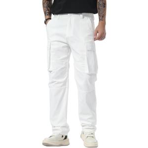 Plaid&Plain Men's Cargo Pants Loose Straight Fit with Multi-Pocket and Oversized Belt Loops (28W x 30L, White)