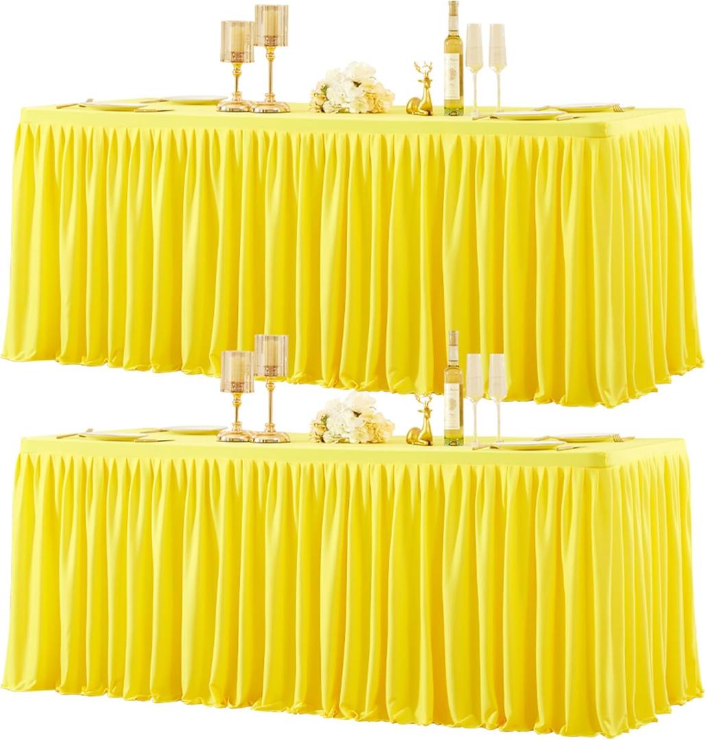 2 Packs Yellow Polyester Tablecloths Rectangle Tables 6ft, Stretch Fitted Table Covers for 6 Foot Tables Wrinkle Free Rectangle Table Cloth with Skirt for Birthday Party Events Banquet Baby Shower