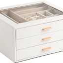 Jewelry Box with Glass Lid,3-Layer Jewelry Boxes for Women,PU Leather Jewelry Organizer with 20-Grid Earring Drawer & Movable Dividers for Necklaces Rings - Cloud White
