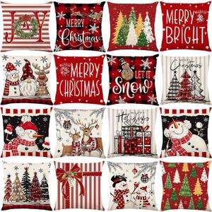 Christmas Pillow Covers 18x18 Set of 16, Holiday Throw Pillow Cases for Couch Sofa Bed, Christmas Decorative Cushion Covers for Home Winter Xmas Decorations