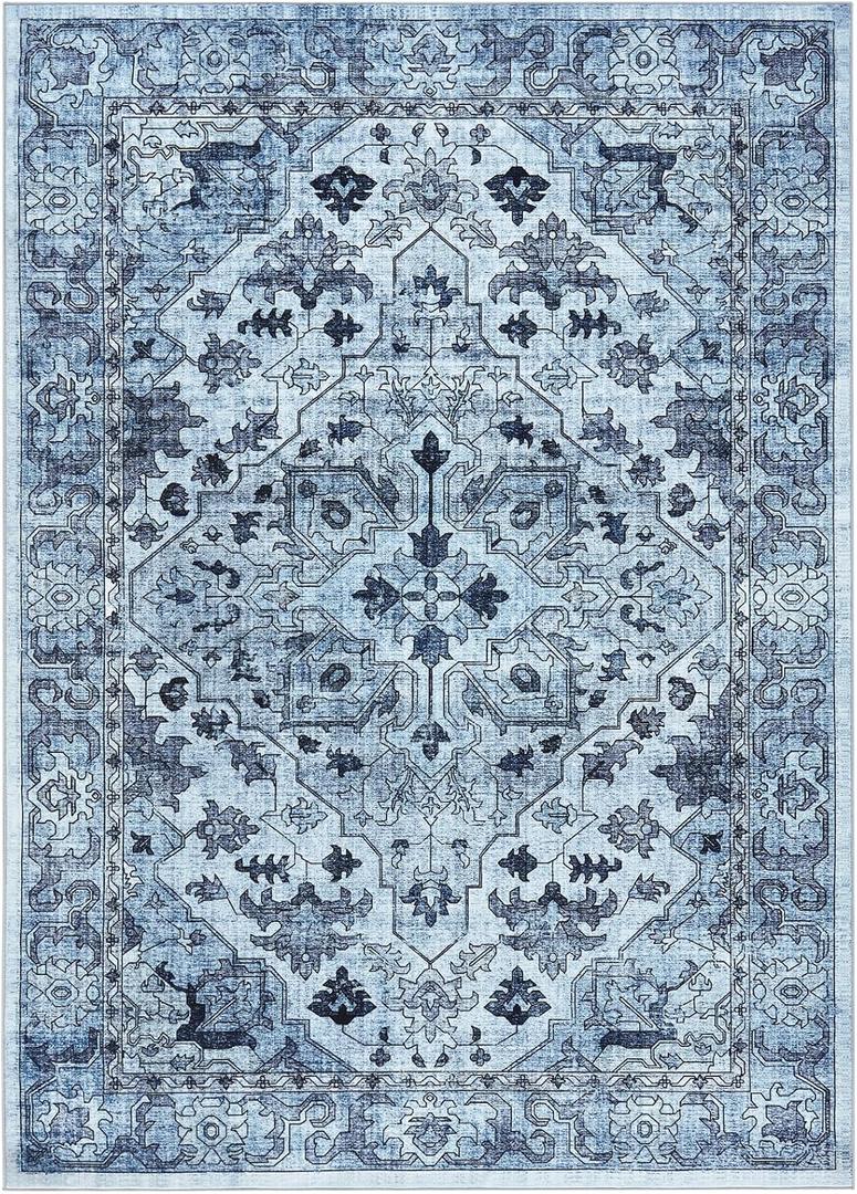 GarveeHome Entryway Runner Rug Washable Vintage Low Pile Lightweight Stain Resistant Carpet for Kitchen Bedroom Non-Slip Soft Thin Floor Mat for Bathroom Blue 10 * 13 ft