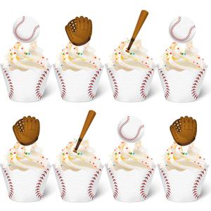 Nuenen 96 Pcs Baseball Cupcake Toppers and Wrappers Set Baseball Birthday Party Cupcake Decorations Sport Themed Cake Picks and Holders for Birthday Gathering Party Decoration Supplies (Retro)