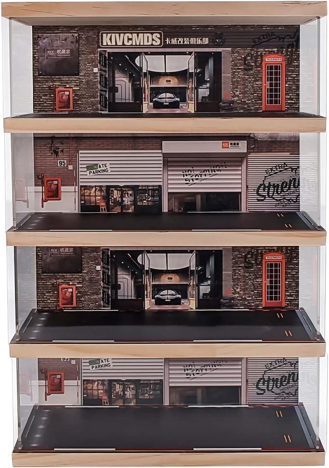 1:24 Scale 4-Tier Vehicle Display Case with Parking Lot Scene for Sports Car & Lego Collectors, Display Stand for Alloy Car Model Toy (4-Tier Auto Repair Store Scene)