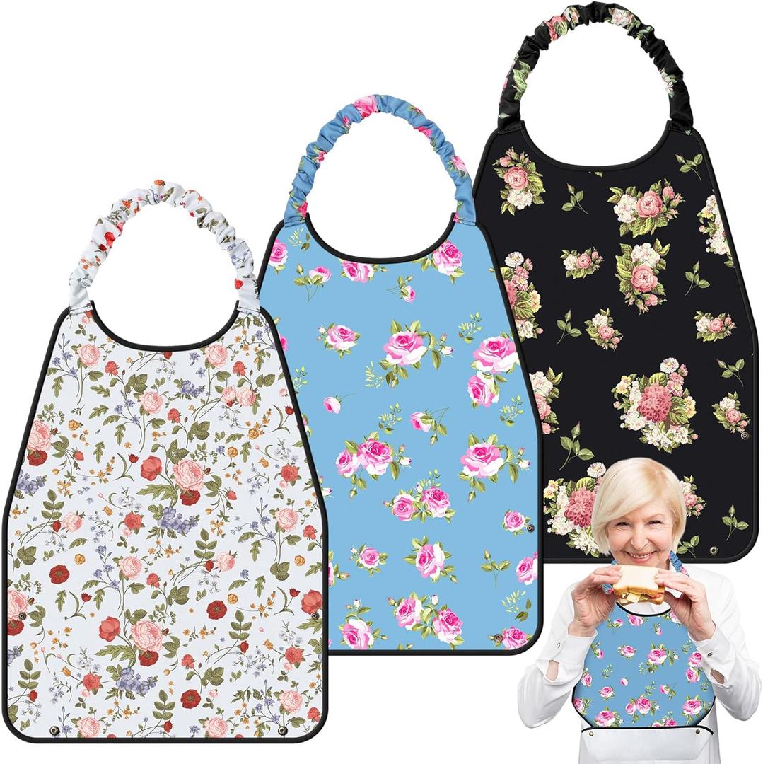Shihanee 3 Pcs Adult Bibs for Women Adjustable Neck Closure Bibs Waterproof Clothing Protector with Crumb Catcher (Floral 2)