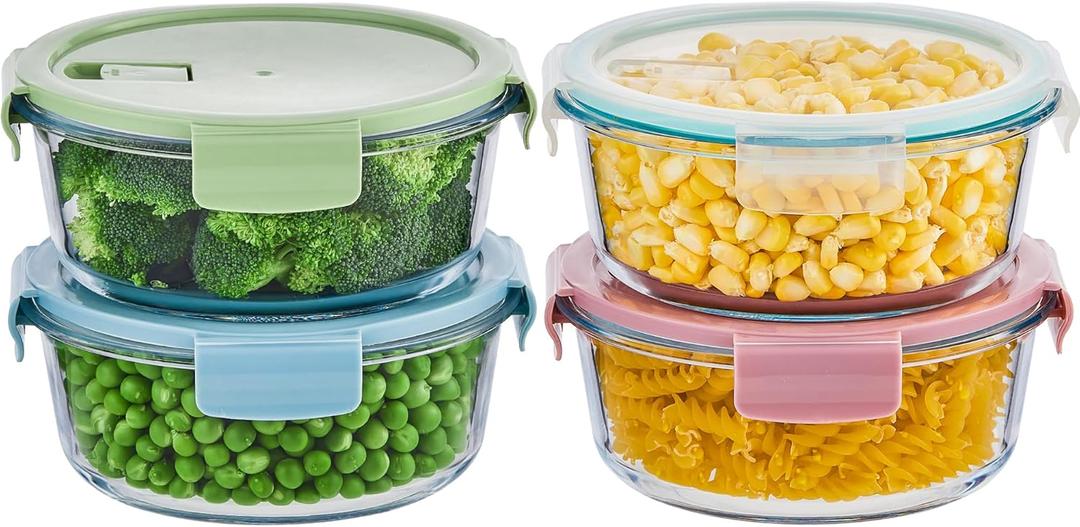 8 Pcs Round Glass Containers with Lids Airtight 4 Cup Glass Storage Containers Set Meal Prep Containers for Soup Leftover Microwave, Dishwasher, and Freezer Safe,4 Sets