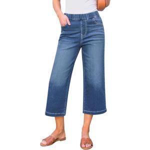 GRAPENT Capri Jeans for Women Wide Leg High Waisted Effortless Flow Pull On Stretchy Denim Elastic Waist Pants with Pockets, Size XL