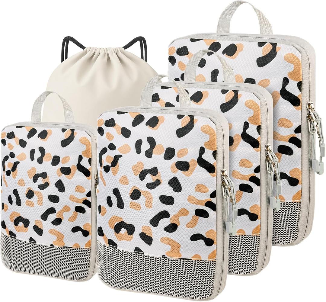 5 Set Packing Cubes For Travel Essentials, Luggage Packing Organization Cubes Suitcase Organizer Bags Set (Leopard)