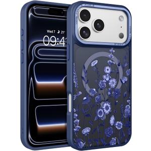 DOMAVER for iPhone 17 Pro Max Case, Magnetic Phone Case for iPhone 17 Pro Max [Compatible with MagSafe] Slim Fit Flowers Floral Design Shockproof Protective Bumper Women Men Girls Cover - Deep Blue