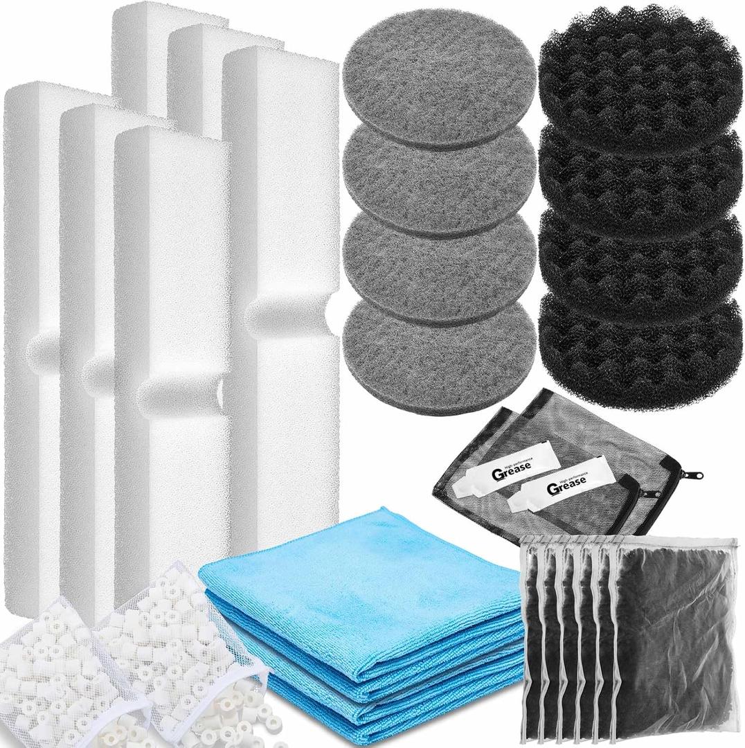 28 Pcs Compatible with Fluval Fx4/fx5/fx6 Aquarium Media Kits Replacement Filter, Carbon Foam Pad, Nitrite Remover Pads, Activated Carbon, Foam Block, Silicone Lube, Towels, Ceramic Ring, Mesh Bag (Gray)