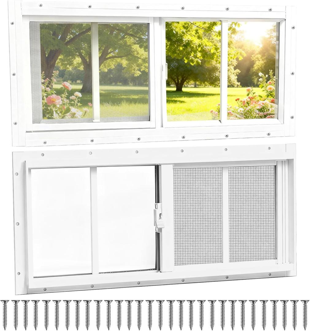NeatiEase 2 Pack Sliding Windows, 10"x24" Shed Windows with Tempered Glass and Removable Fiberglass Screen for Chicken Coop, Shed, Basement, Playhouse, Household, Garage, Barns (White)