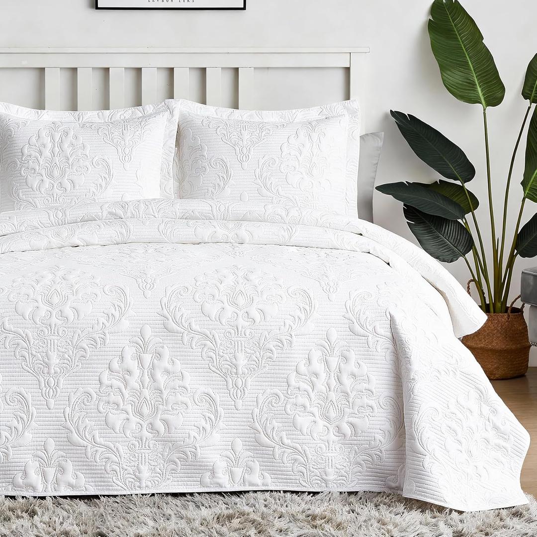 Hansleep White Quilt Queen Size - Damask Ultrasonic Summer Bedspread Queen, Soft Lightweight Coverlet Bedding Set, 3 Pieces (1 Quilt, 2 Pillow Shams)