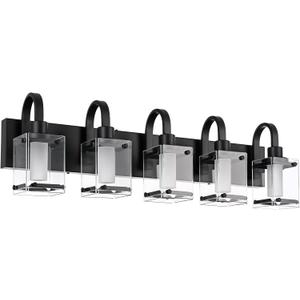 TODOLUZ LED Modern Bathroom Light Fixtures,5-Light LED Bathroom Light Fixture, Dimmable Wall Light Over Mirror with Frosted Column and Clear Glass Shade Black Vanity Lighting