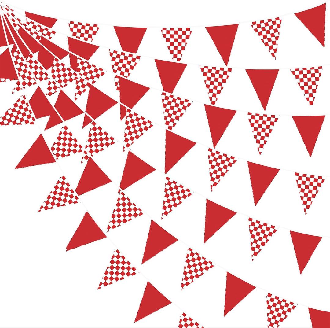 32Ft Red Checkered Racing Party Decorations Gingham Plaid Race Car Fabric Banner Triangle Flag Pennant Garland Streamers for Kids Birthday Baby Shower NASCAR Picnic BBQ Outdoor Garden Decor Supplies