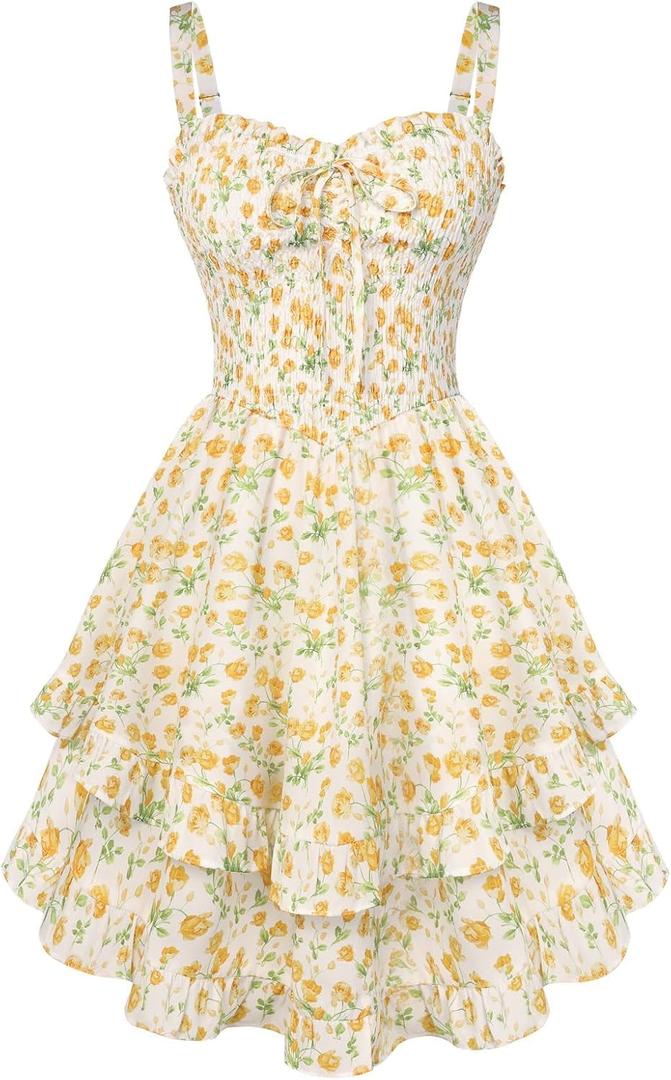 Scarlet Darkness Smocked Floral Sundresses for Women Teens 2026 Summer Flowy Ruffle Mini Dress White Yellow Floral, Small