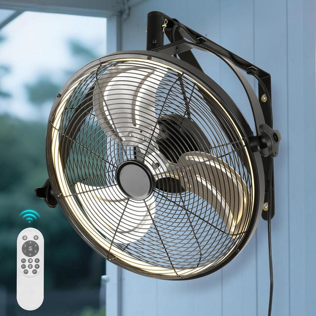 20 inch Wall Mount Fan with Lights and Remote,6-Speed Gazebo Ceiling Fan Adjustable Tilt Dimmable Wall Fan, High Velocity Industrial Outdoor Fans for Patio, Garage, Commercial, Black