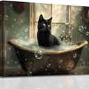 BJYCHG Cat Bathroom Wall Art Animal Bathroom Pictures Black Cat in Bathtub Poster Prints Funny Animal Canvas Paintings Toilet Artwork Vintage Farmhouse Decor Frame (Dark, (16L x 24W))
