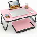 BUYIFY Foldable Laptop Bed Desk for Couch, Sofa - Large Lap Desk Tray Table with Cup Holder and Tablet Slot - Portable Notebook Stand for Eating, Writing, Studying and WFH (Pink)